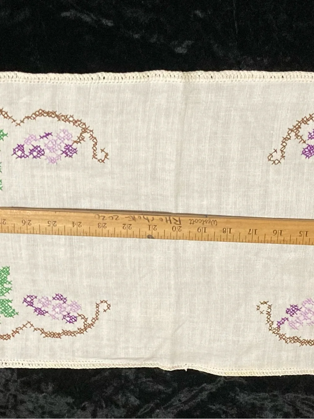 Embroidered Linen Runner with Green and Purple Motif 38x13”